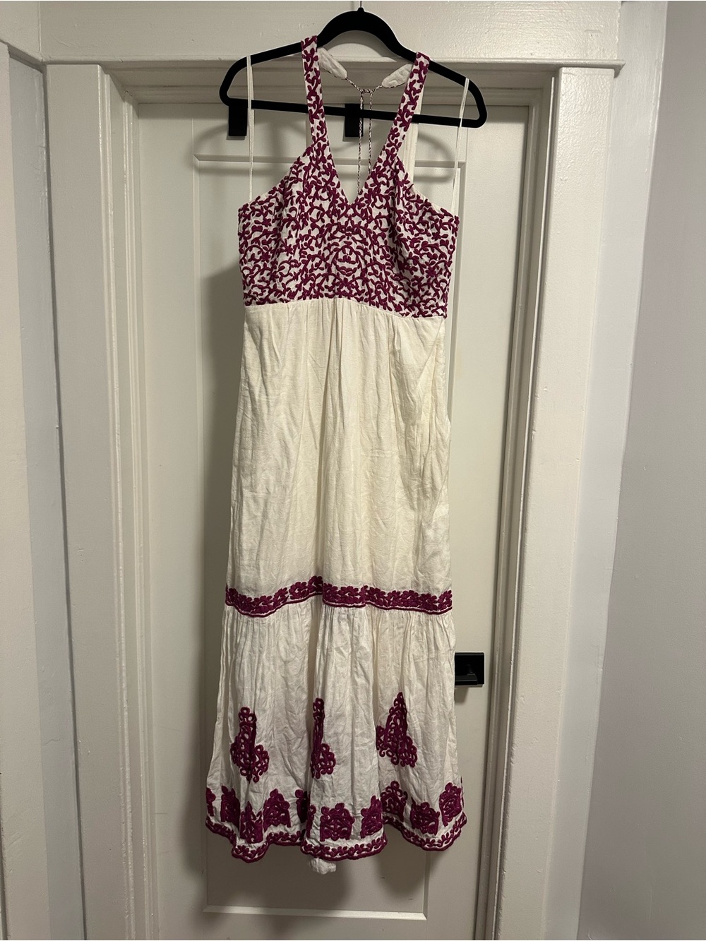 Anthropologie White Maxi Dress with Fuchsia Embroidery - Size 14